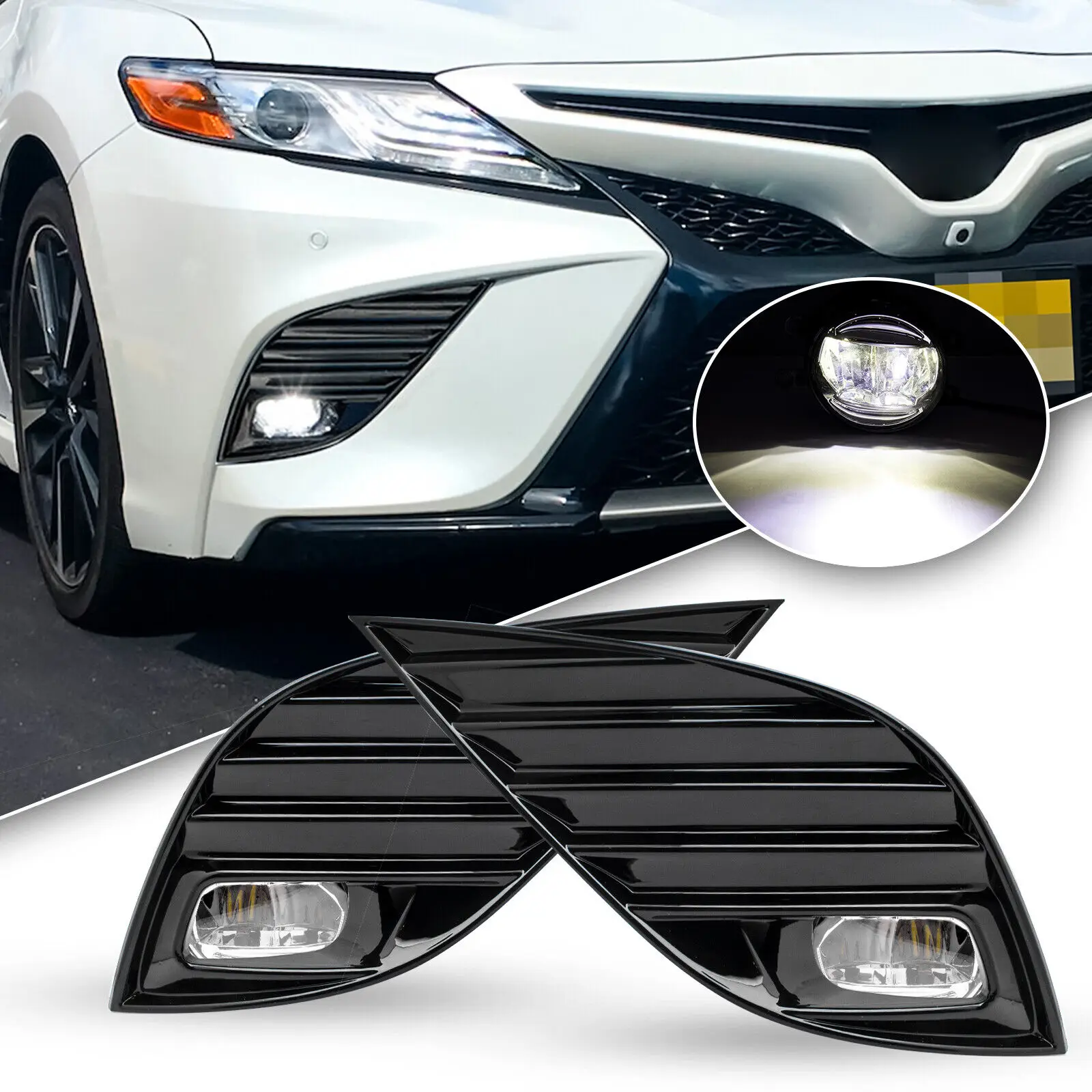 FOG LAMP BEZEL COVER + CLEAR FOG LIGHT LENS KIT FOR 2018 2019 2020 TOYOTA CAMRY SE XSE