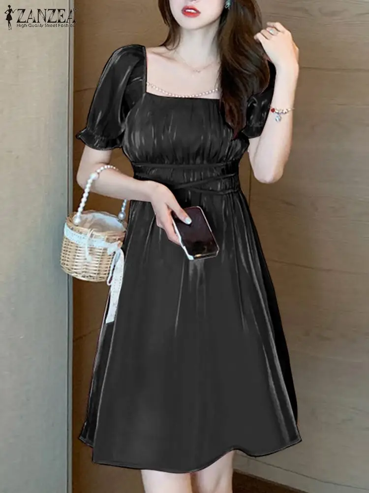 

ZANZEA Korean Pleated Front Short Dress Elegant Women Robe Party Short Puff Sleeve Vestido Square Neck Glossy Fashion Mini Dress
