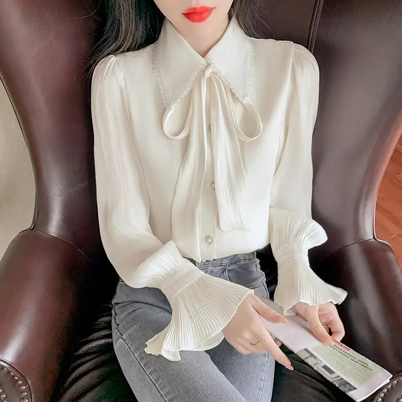

Elegant Fashion Korean White Long Sleeve Button Chiffon Blouses Loose Fashion Solid Color Shirts Women Clothing Blusas E910