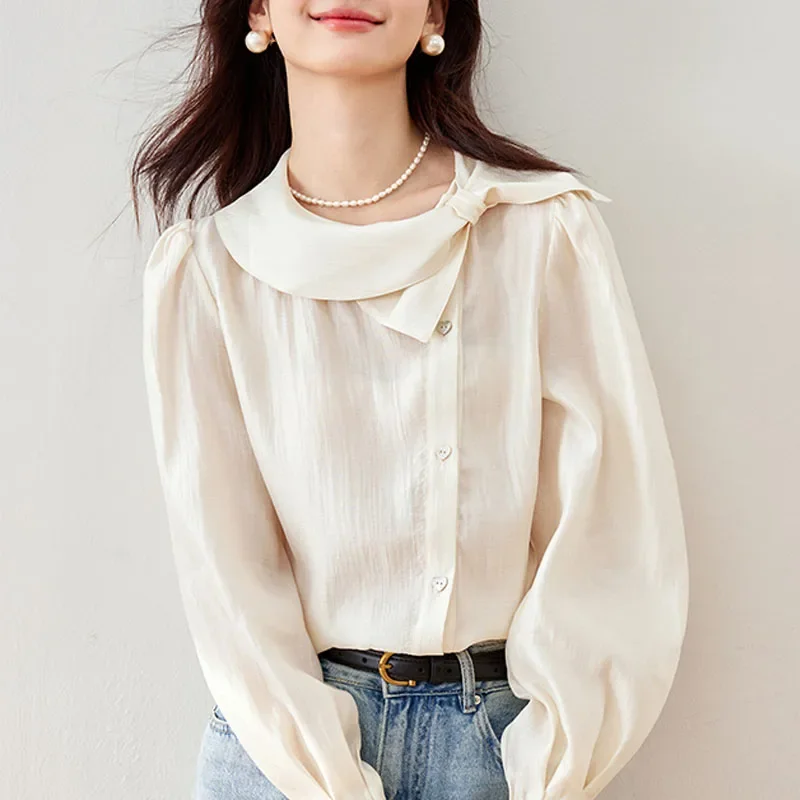 Новые модные осенние блузки с длинным рукавом и круглым вырезом женская рубашка