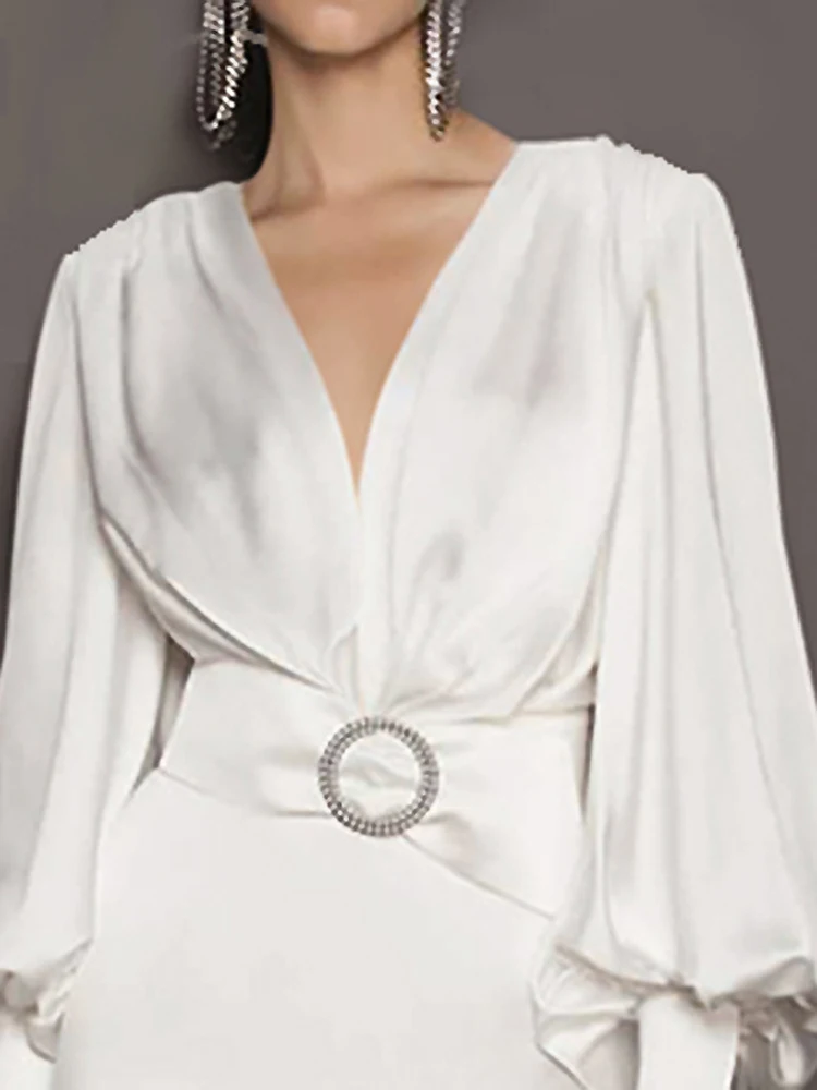 Женское платье с V-образным вырезом длинным рукавом-фонариком