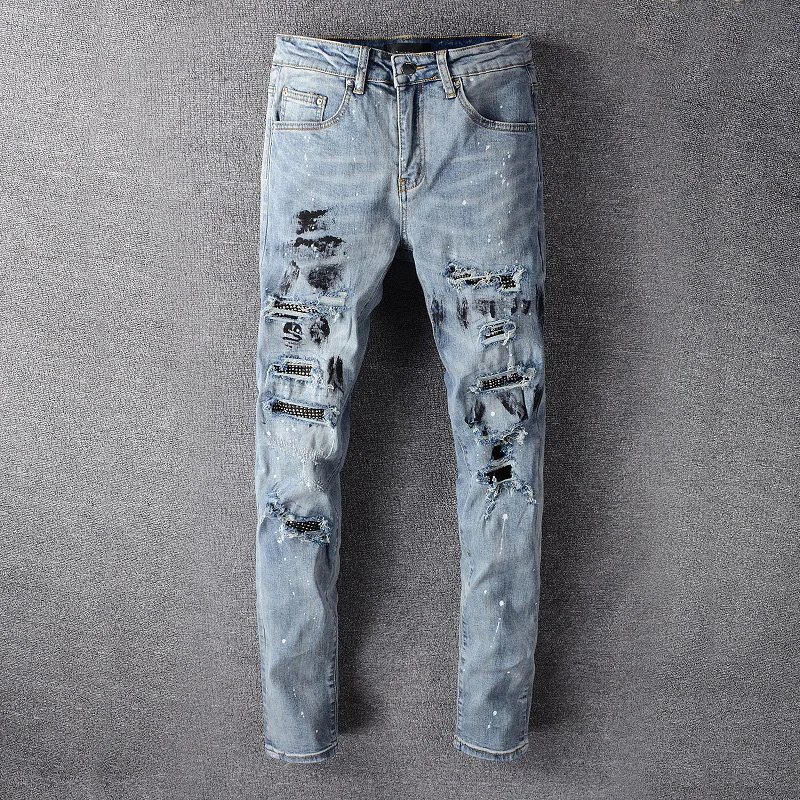 

Mens Light Indigo Damaged Holes With Rhinestone Slim Fit Ripped Streetwear Fashion Skinny Stretch Distressed Destroyed Jeans