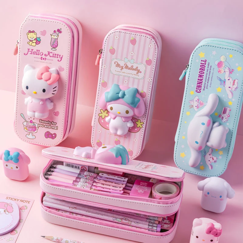 

Карандаш Sanrio Kawaii из искусственной кожи большой емкости, ручка с рисунком Hellokitty Melody Cinnamoroll, школьная искусственная ручка, канцелярские прина...