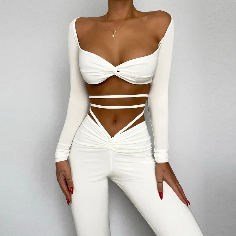 

Женский спортивный костюм Zoctuo, повседневный комплект из двух предметов: кроп-Топ с длинным рукавом, со шнуровкой и штаны-колокольчики с рюша...