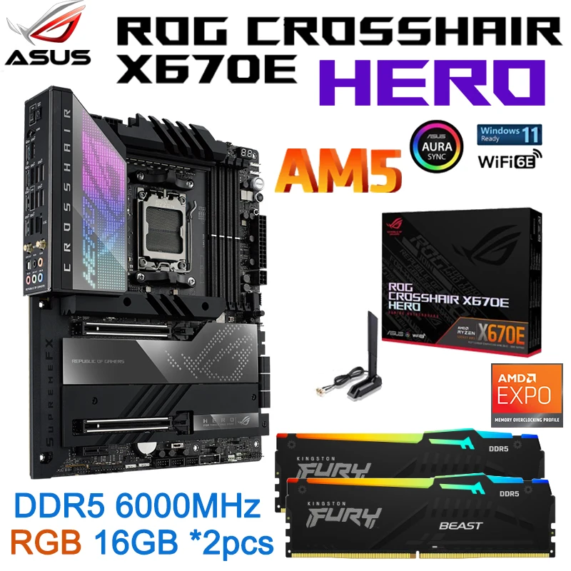 

ASUS ROG CROSSHAIR X670E HERO материнская плата + EXPO DDR5 6000 МГц RGB 16 ГБ * 2 шт. комплект памяти с поддержкой AM5 AMD Ryzen 7000 WiFi 6E Новинка