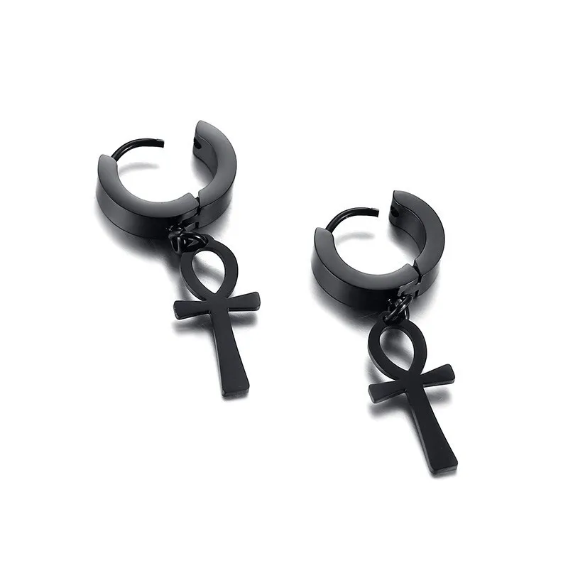 Drop Cross Earring Mens Egyptian Ankh Michael Hang Dangle Earrings Black Stainless Steel Male Punk Jewelry images - 6