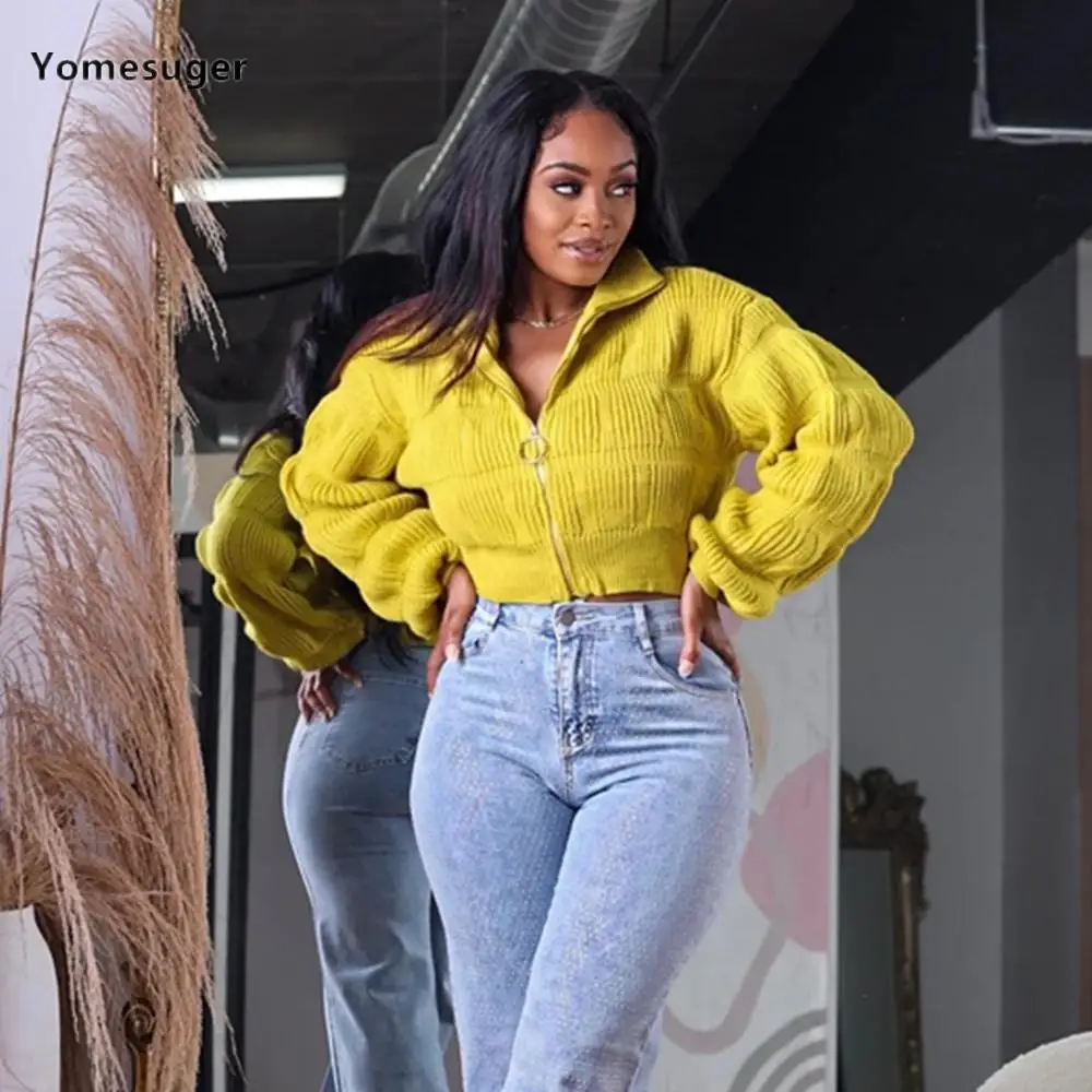 

Yomesuger Fashion Loose Knit Cardigan Women Casual Lantern Sleeve Zipper Lapel Collar Corp Sweater Coat 2024 Spring Streetwear