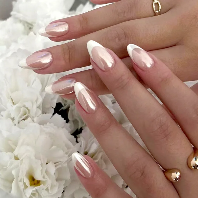 

Simple and pure aurora fake nail French nail wear nails sweet and gentle round head almond nails Europe and the United States fo