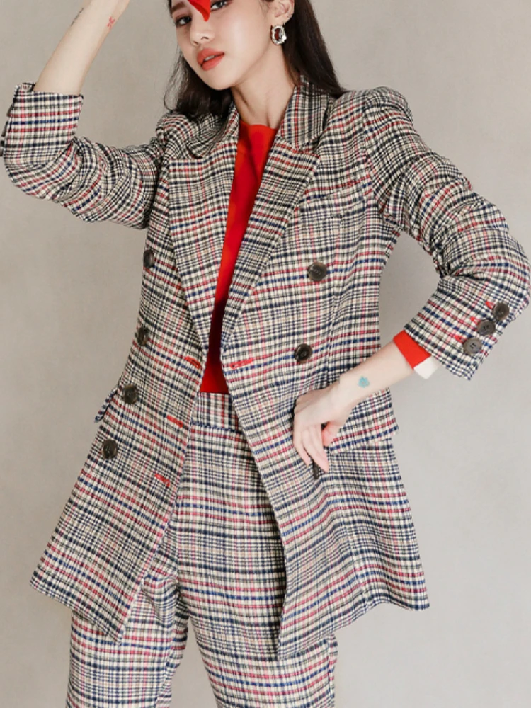 

Весенне-осенний женский клетчатый костюм, повседневный элегантный брючный костюм, двубортный приталенный Блейзер, брюки с высокой талией, ...