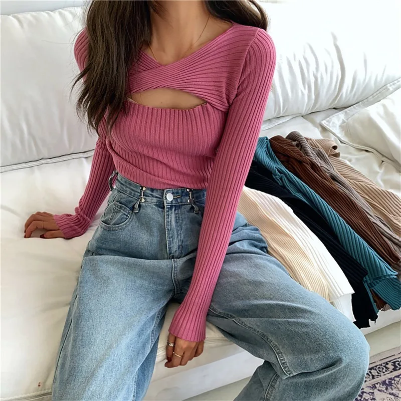 

Korean Style Women Clothing Fashion Hollow Out Design Long Sleeve Knit Sweater Autumn 2023 New Casual Retro Simple Slim Fit Top