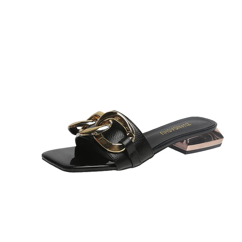 

Women's Open Square Toe Slippers Chains Decor 2022 Summer New Popular Fashion Sweet All Match Comfy Flat Sole Low Heel Slippers