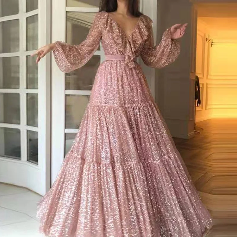 

Women Fashion Pleated Hem Long Dress Elegant Gorgeous Shiny V-Neck Ruffle Evening Dress Female Spring Loose A-Line Maxi Dresses