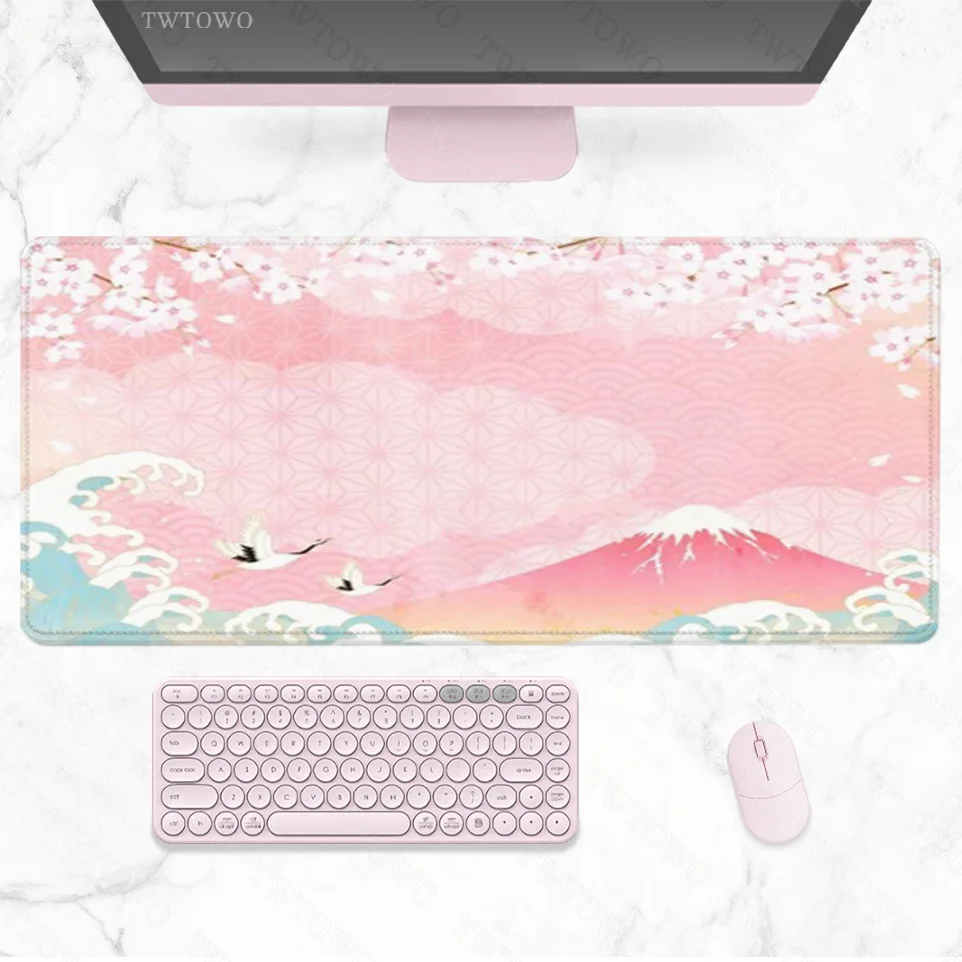 

Pink Japanese Cherry Blossom Great Waves Mouse Pad Gamer XL Home HD Custom Computer Mousepad XXL Desk Mats Non-Slip PC Table Mat