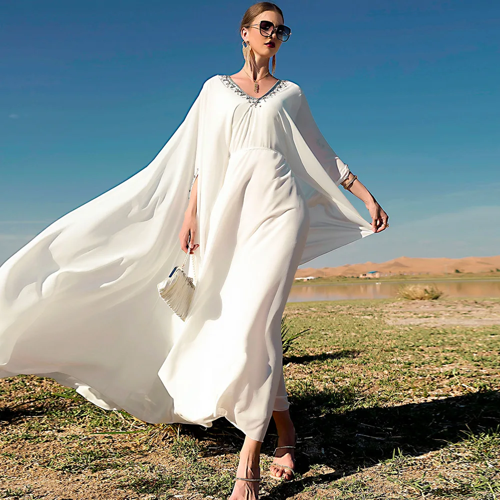 Caftan White Abaya Muslim Dress with Cape Luxury Dubai Dresses for Women Islam Modest Clothes Jalabiya Kaftan Robe Arabe Femme