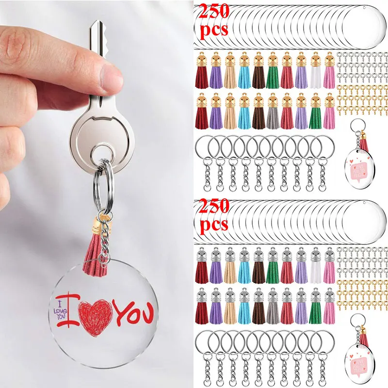 

DIY Tassel Acrylic Key Chain Clear Circle Discs Keychain Blanks Tassel Pendants Key Ring Kit Silver Gold Metal Fashion