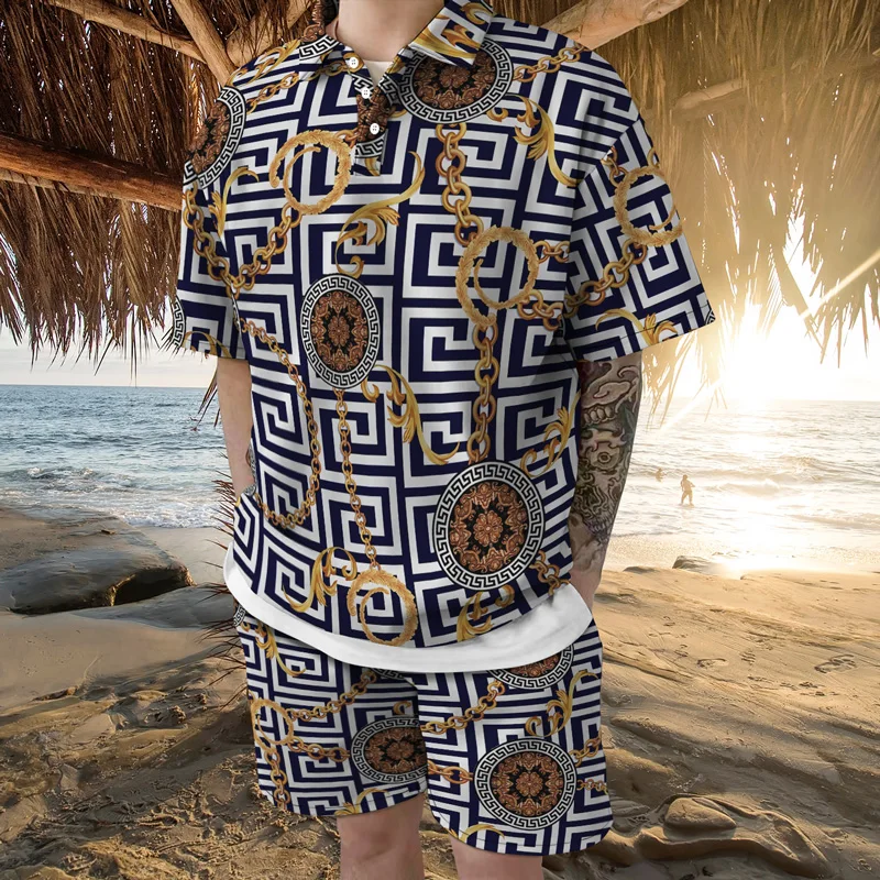 

Retro Harajuku 2022 Summer Leisure Polo Shirt Shorts Suit Men Oversized Lapel Button Design Short Sleeve Top Pants 2 Piece Set