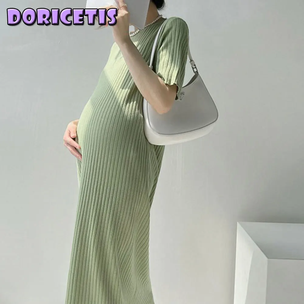 

Maternity Dress Solid Color Thin Section Knitted Short Sleeve Skirt Summer Women Soft Loose Striped Long Dress Maternity Clothes