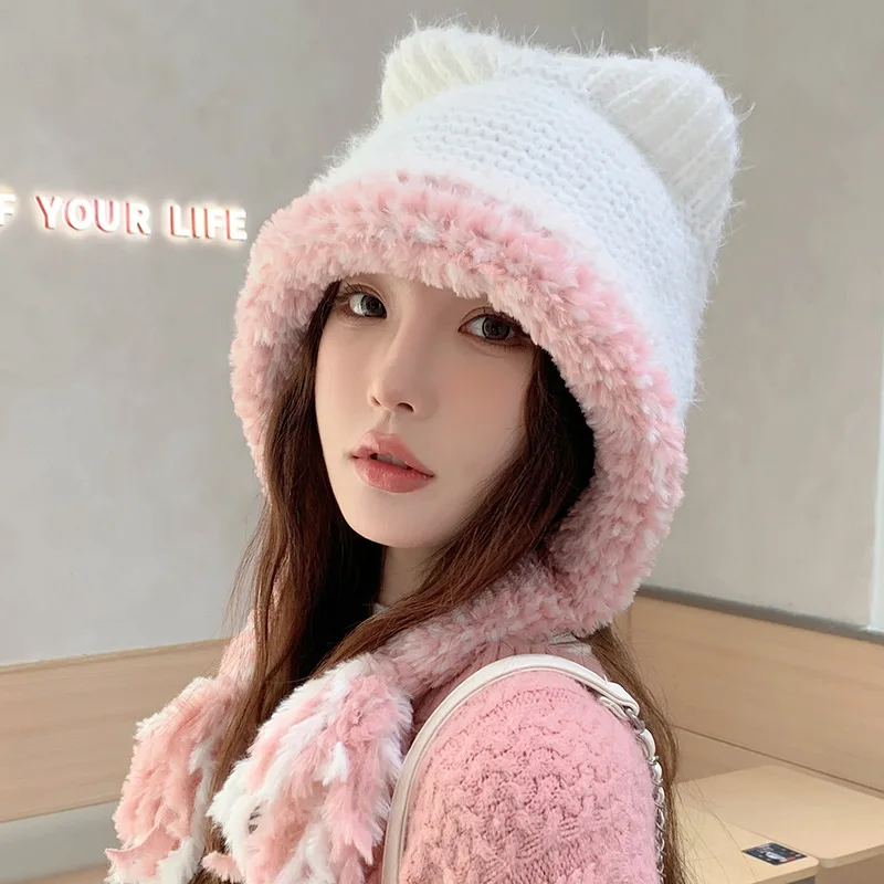 Осень и зима Новая плюшевая вязаная шапка с кошачьими ушками двойным хвостом.