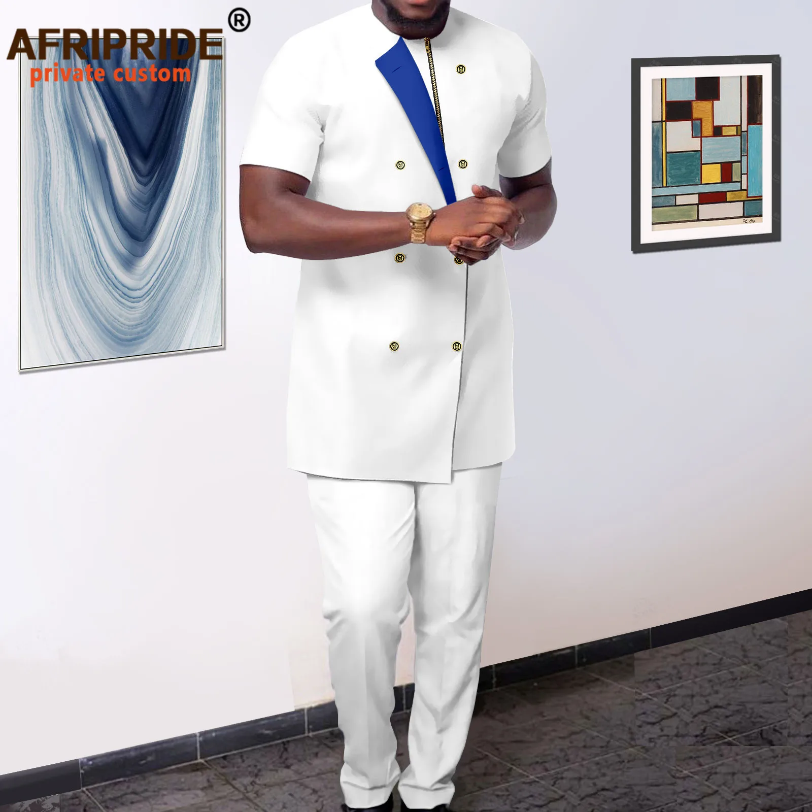 African Clothing for Men Short Sleeve Double Breasted Dashiki Jacket and Trousers 2 Piece Set Traditional Outfits A2216003