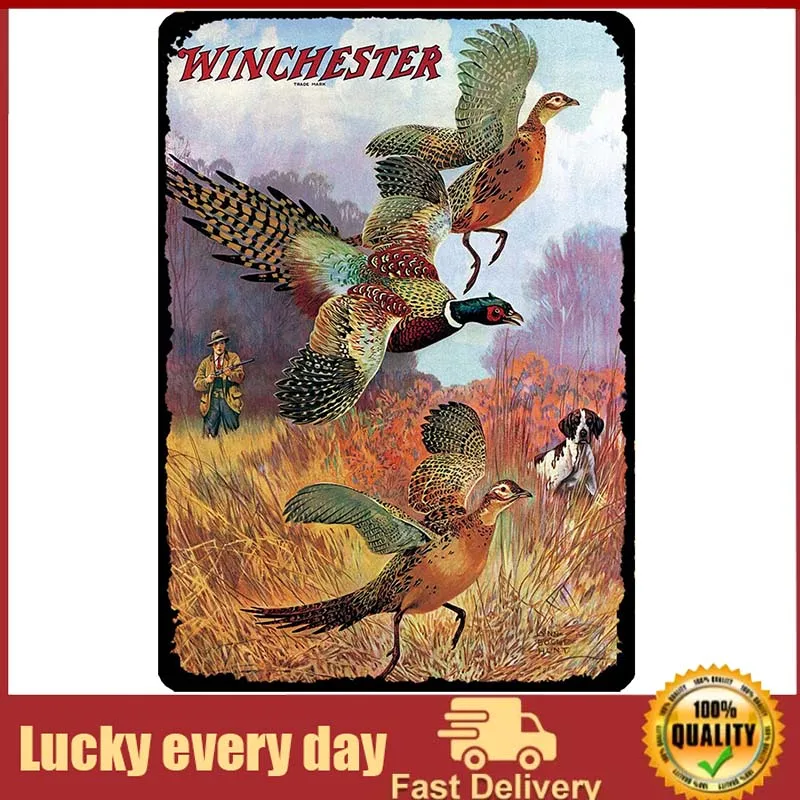 

Vintage Metal Tin Sign Pheasants on The Rise Winchester Firearm Hunting Hunter for Home Bar Pub Kitchen Garage Restaurant