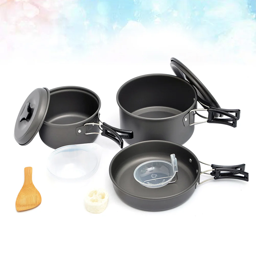 

1 Set Outdoor Camping Pots Practical Camping Cookware Pot and Bowl Set Useful Cooking Utensils for 2-3 People Use (Black)