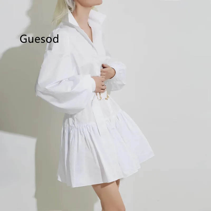 

Женское Хлопковое платье, весна-лето 2022, тонкая однобортная блузка с поясом, белое платье, новинка