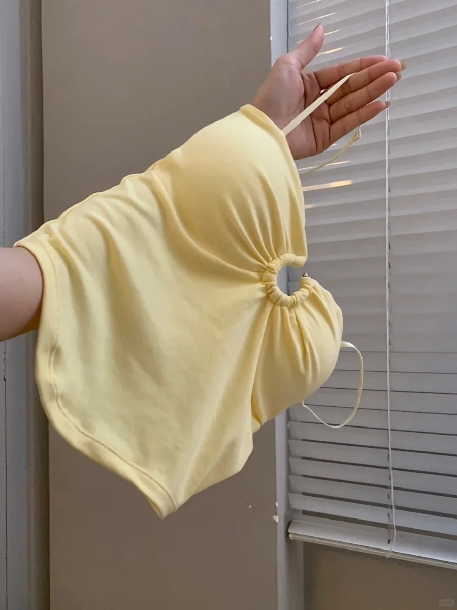 Foamlina женский летний модный желтый топ пикантный металлический круглый вырез без