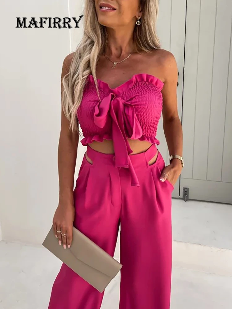 

Summer Strapless Tops Pockets Pants Outfits Sexy Slim Femme Solid Pants Two Piece Sets Women Straight High Waist Trousers Suit
