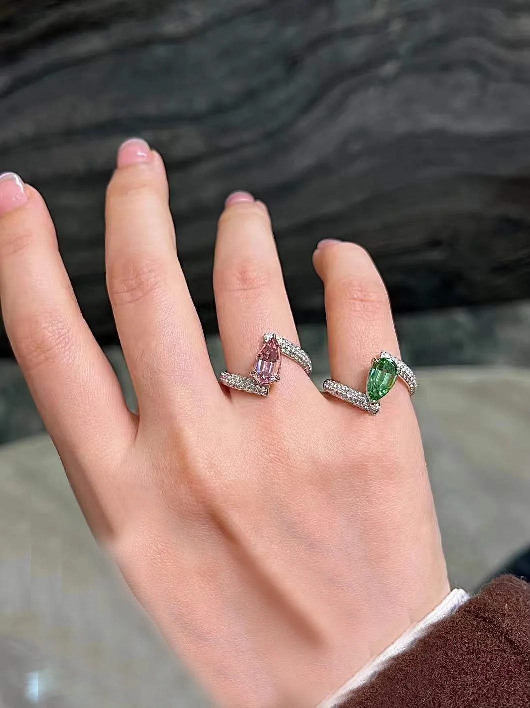 

S925 Sterling Silver Water Drop Color Treasure High Jewelry Pink Diamond Green Diamond European and American Ring, Birthday Gif