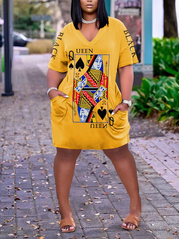 

Mandylandy Women Summer Poker Print Pocket Design V-Neck Casual Dress Fashion Female Y2K Short Sleeve V Neck Loose Mini Dress