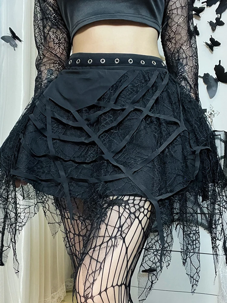 

Gothic Spider Web Patchwork Lace Tassel Skirts Harajuku Black Mini Punk Y2k Short Skater Irregular Halloween Women A-Line Skirt