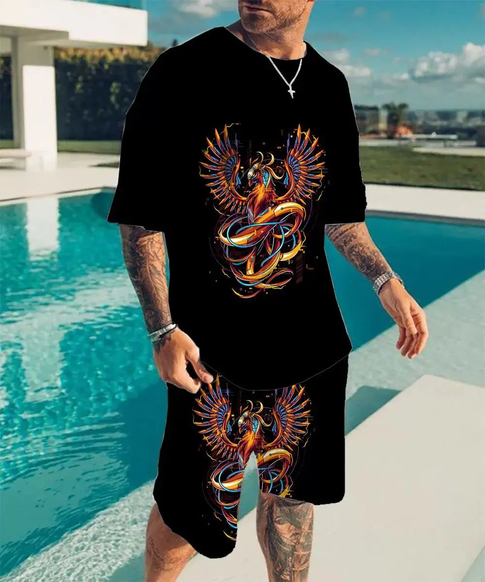 Men's Clothes Fashion Casual Two-Piece Sets Oversized O Neck Summer  3D Print Tracksuits Men Suit Animal Eagle Pattern T-Shirt