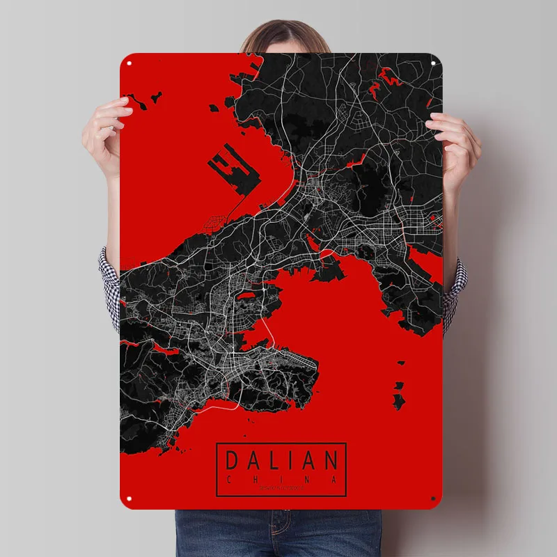 Фото Карта города Далянь, Китай, восточная жесть, вывеска, карты, плакат, декоративные настенные рамки, металлические вывески на заказ для украшения дома, комнаты, искусство №1