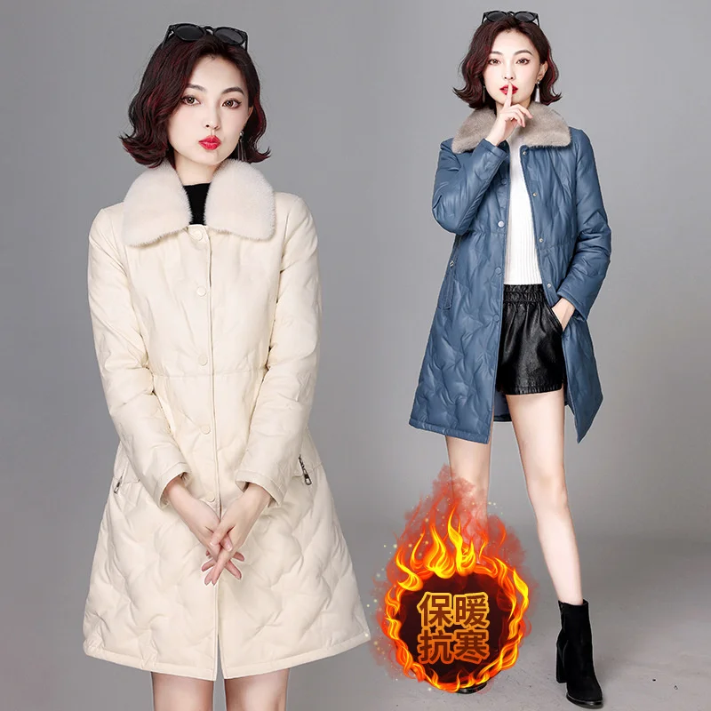

100% genuine real coat women's medium long thickened large size Haining sheep leather down jacket