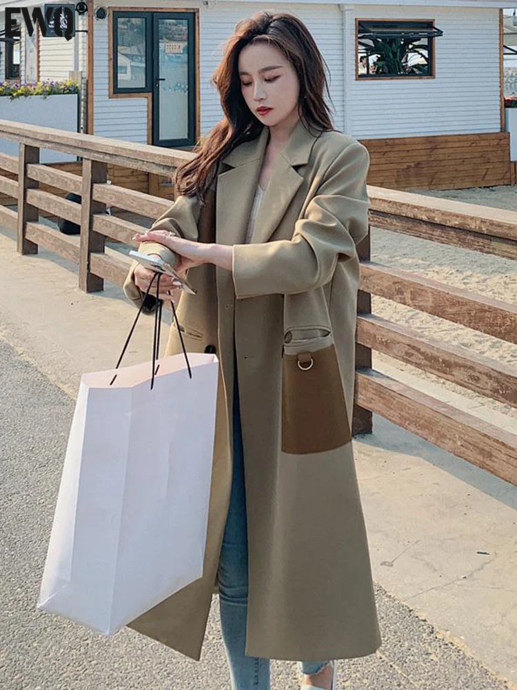 

[EWQ] Office Lady Khaki overcoats Single Breasted Turn-down Collar Women's Windbreaker 2022 Autumn Fashion Loose Trench 16Y2885