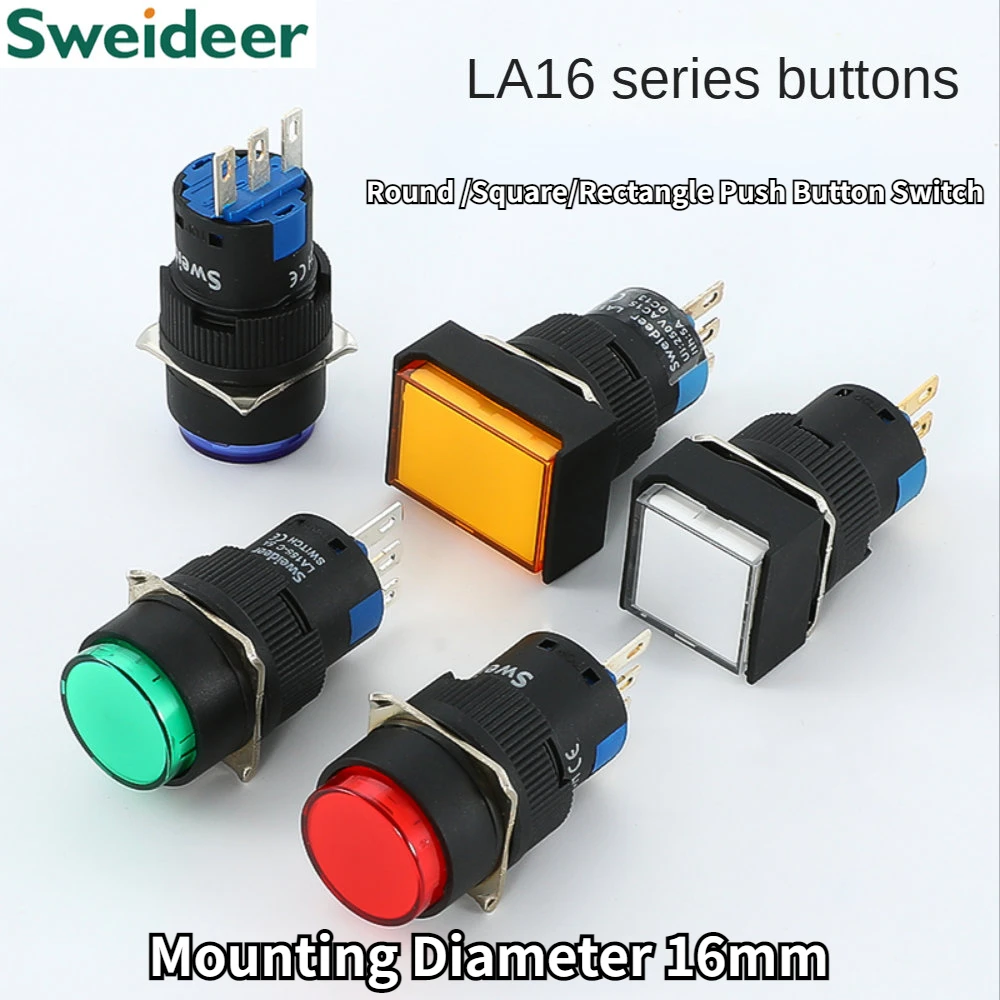 

LED Button Switch Sweideer LA16 Self Locking Reset Miniature Circle Power Supply 16mm Silver Contact Push Button Rotary Switch