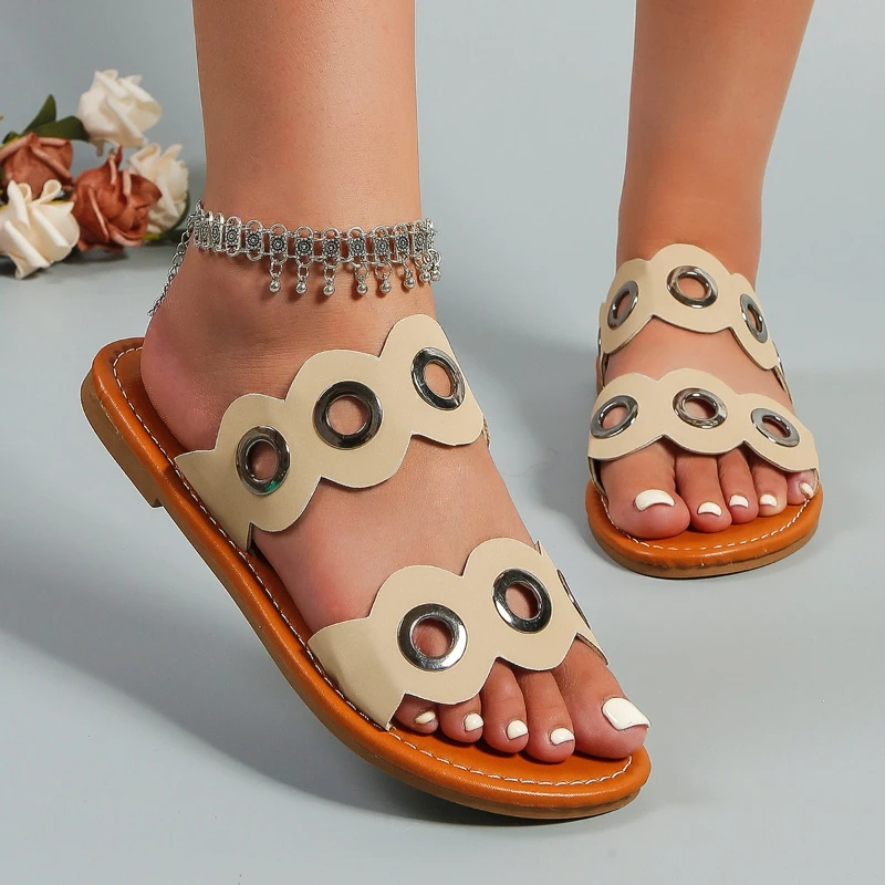 

2023 New High Quality Women's Shoes Open Toe PU Women's Slippers Summer Fashion Outdoor Slippers Solid Flat Bottom Slippers