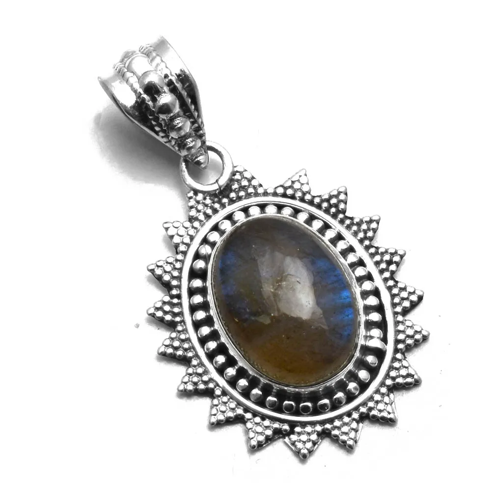 

Genuine Labradorite Pendant 925 Sterling Silver, 32 mm， AP9107