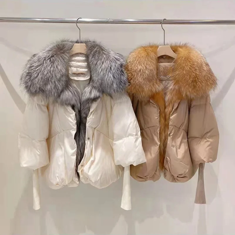 

Large Real Silver Fox Fur Collar 2023 White Duck Down Jacket Women Winter Luxury Puffer Coat Oversize Feather Outwear