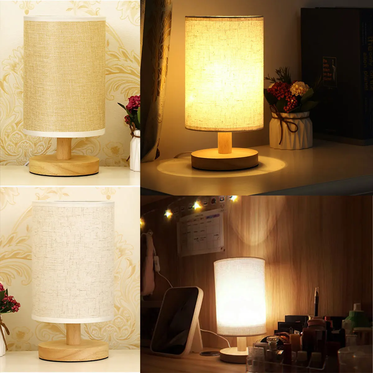 

USB Table Lamp Wooden Bedside Lamp Eye Protection Nightstand Lamp Modern Simple Desk Lamp with Cylinder Lamp Shade Warm White