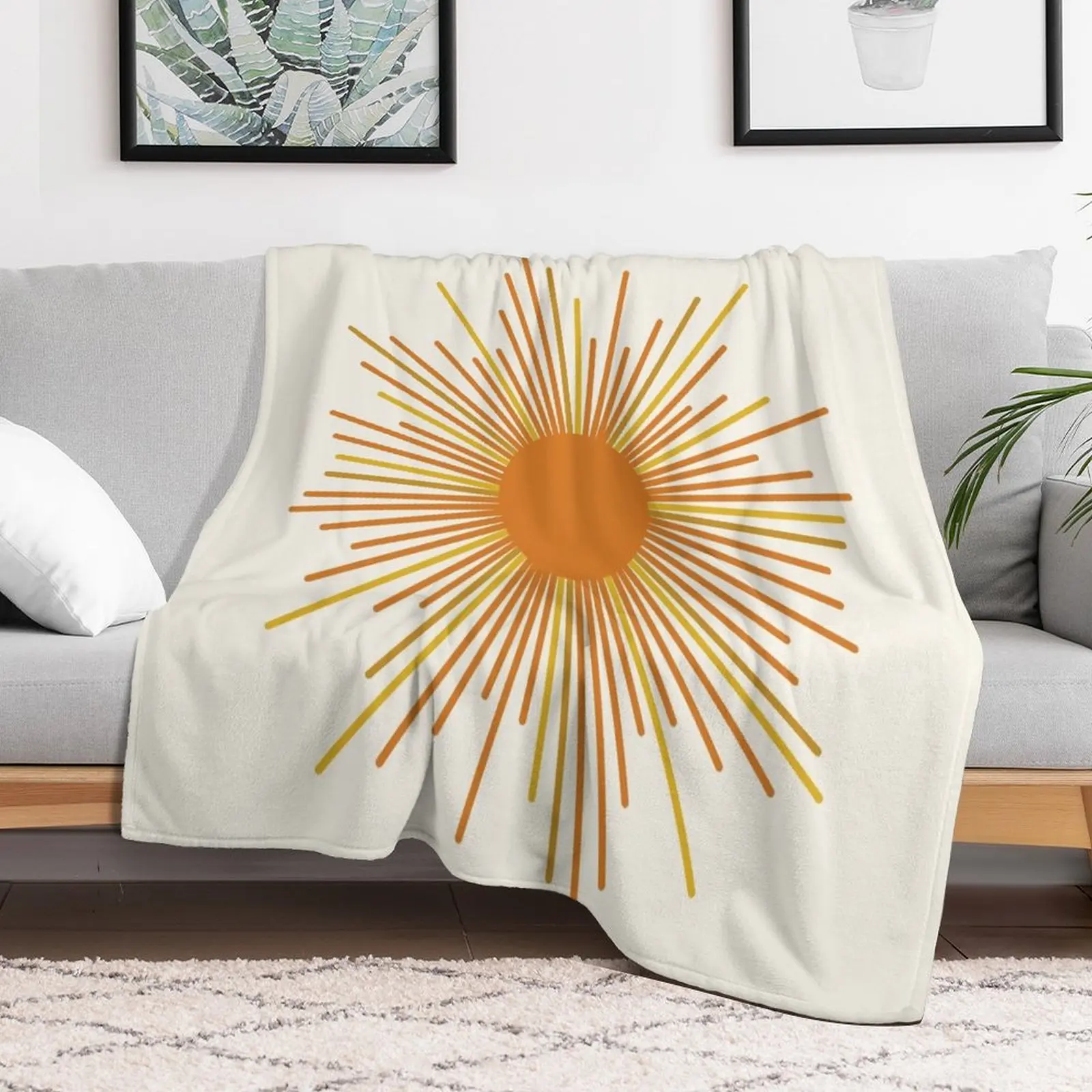 Современное одеяло среднего века Sunburst Sun в оранжевом горчичном и кремовом одеяле