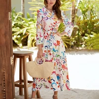 50hotlapel 34 sleeve large hem autumn dress women beach style floral print belt midi shirt dress female clothes