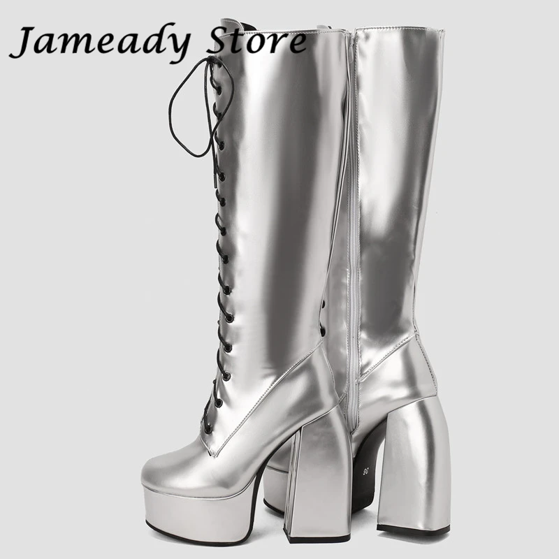

Multicolored Patent Leather Long Boots Women Chunky Platform Knee High Boots Lady Fashion Sexy Runway Shoes Autumn Winter Botas