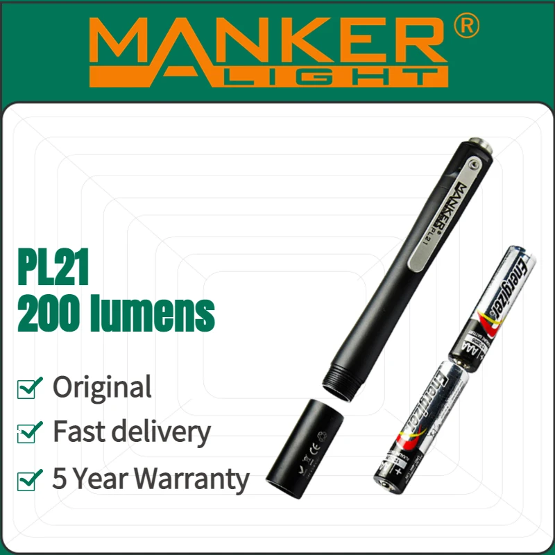 Водонепроницаемый фонарик Manker PL21, 200 люмен, CREE XPG3, ручка из алюминиевого сплава с 2 батареями AAA, фонарик для самообороны