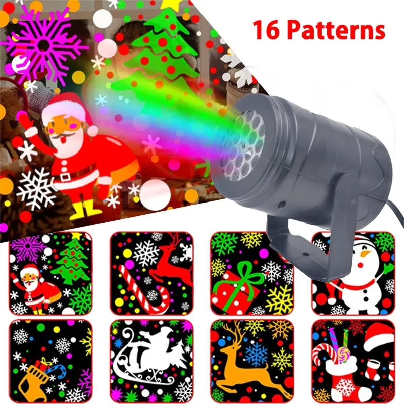 

USB Рождественский проектор, огни в виде снежинки, 16 рисунков, фотоэлемент для рождества, наружная и внутренняя Лазерная лампа для диджея, праздничное украшение