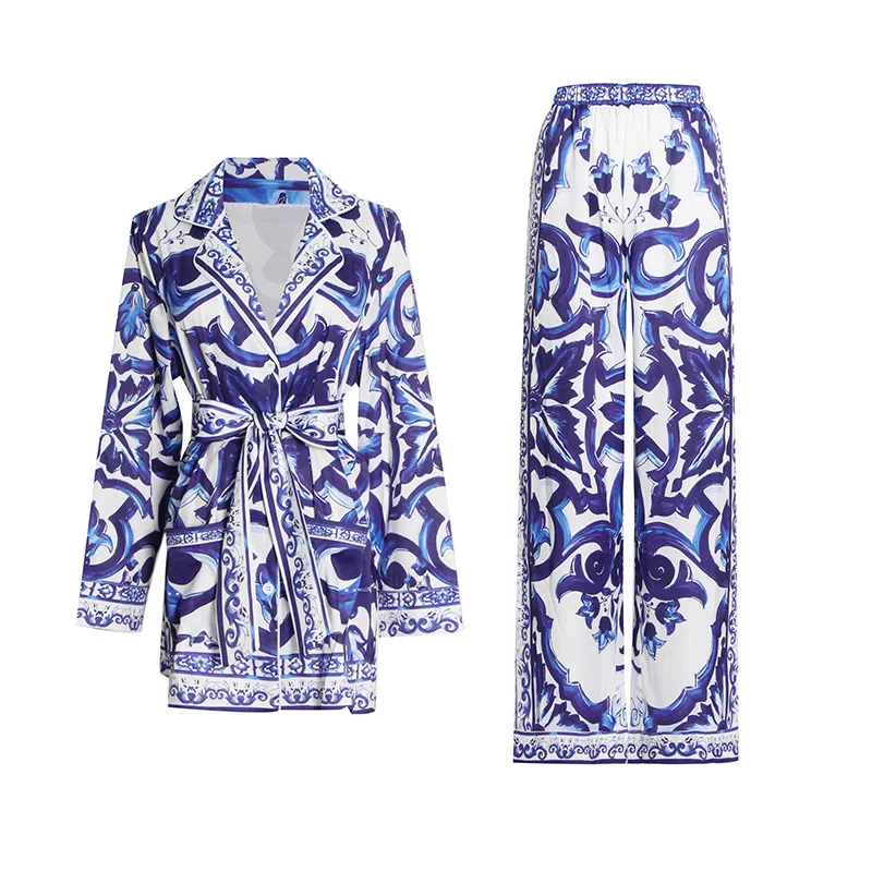 Fashion Designer Summer Suit Women's Blue and White Porcelain Printing Long sleeve Blouse + Pants Two Pieces Set