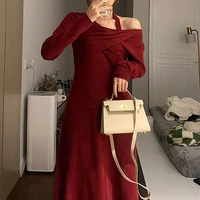 halter neck red knitted dresses 2022 new v neck dresses womens solid vantage fashion new year temperament a line long dresses