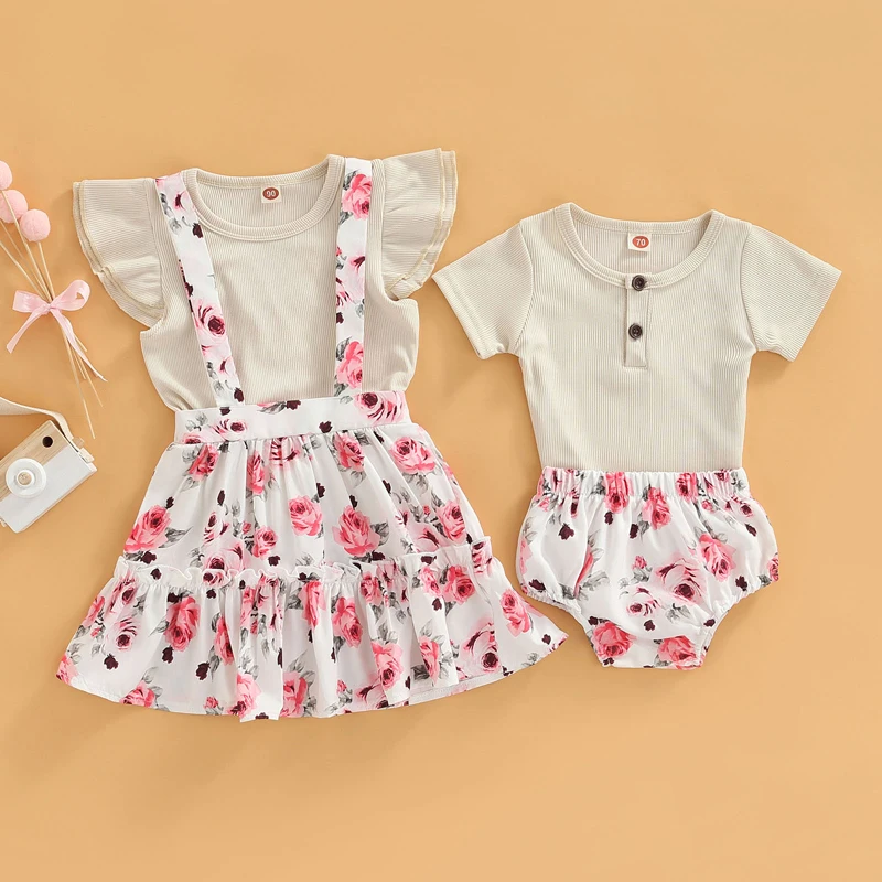 

0-18 Months 2pcs Baby Girls Outfit Ribbed Short Sleeve Romper + Rose Print Elastic Waist Shorts for Toddlers