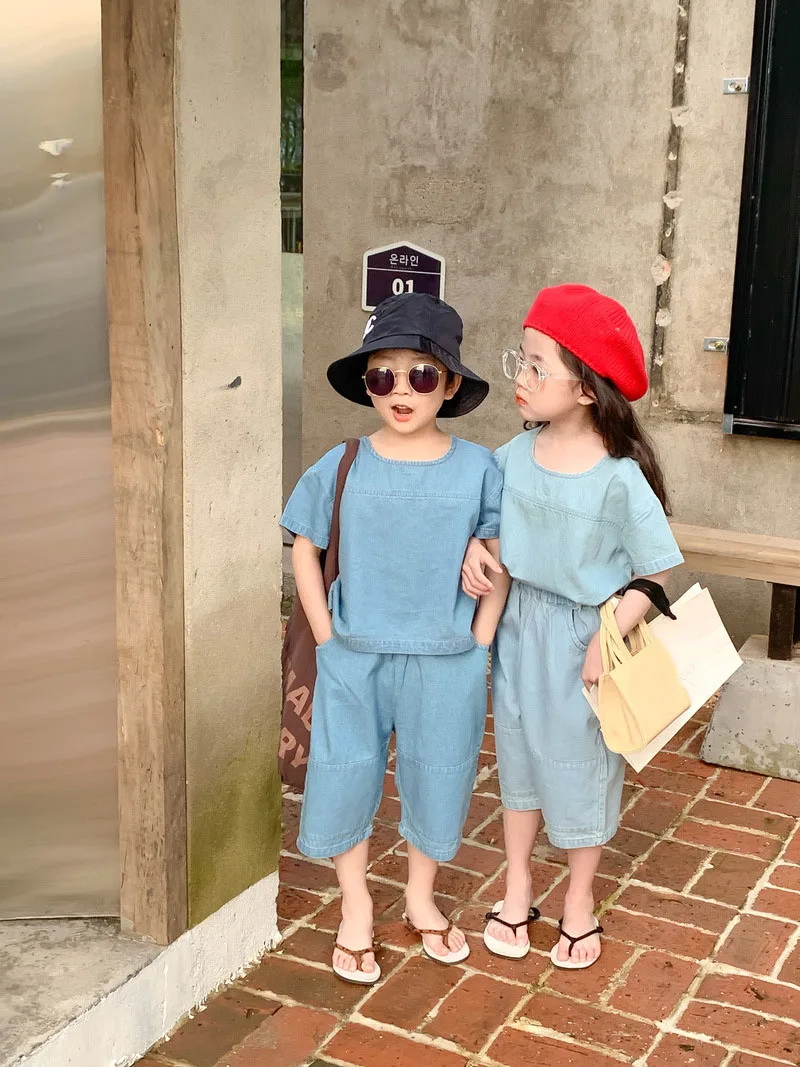 Весенне-летняя детская одежда Джинсовый комплект для мальчиков топ с коротким