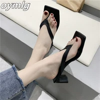 high heeled sandals and slippers women wear 2022new summer square toed thick heeled slippers fashion clip on flip flops ins tide